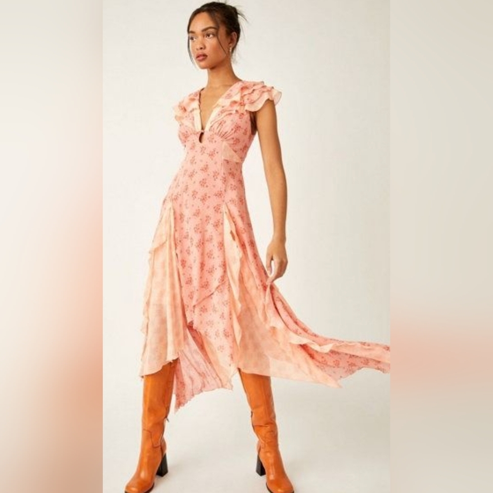 Free People Asymmetrical Dress in Peach Floral